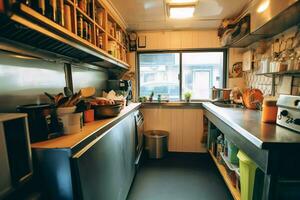 dentro pulito cucina di un' moderno ristorante o mini bar con cucinando utensili e piccolo bar contatore concetto di ai generato foto