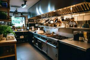 dentro pulito cucina di un' moderno ristorante o mini bar con cucinando utensili e piccolo bar contatore concetto di ai generato foto