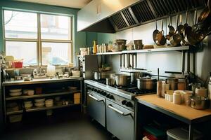 dentro pulito cucina di un' moderno ristorante o mini bar con cucinando utensili e piccolo bar contatore concetto di ai generato foto