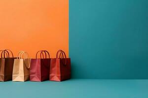 composizione di shopping giorno concetto con shopping borse, carta borse e copia spazio. shopping giorni concetto di ai generato foto