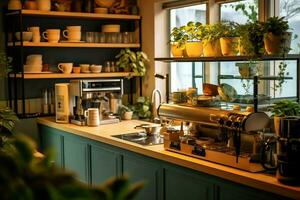 dentro pulito cucina di un' moderno ristorante o mini bar con cucinando utensili e piccolo bar contatore concetto di ai generato foto