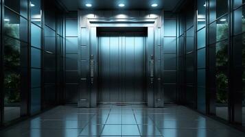 un' Immagine di digitale composito di ascensore nel moderno ufficio edificio con impianti nel davanti di ascensore porta generativo ai foto