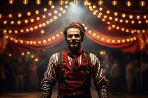 un' Immagine di ritratto di un' burlone uomo nel burlone costume a il circo in attesa Festival dietro le quinte generativo ai foto
