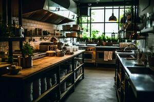 dentro pulito cucina di un' moderno ristorante o mini bar con cucinando utensili e piccolo bar contatore concetto di ai generato foto