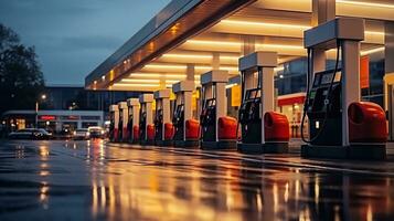 un' foto di gas o carburante stazione nel il città. rifornimento carburante macchine a il gas o carburante stazione. generativo ai