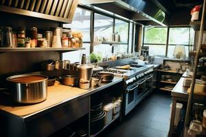 dentro pulito cucina di un' moderno ristorante o mini bar con cucinando utensili e piccolo bar contatore concetto di ai generato foto