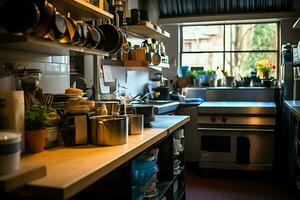 dentro pulito cucina di un' moderno ristorante o mini bar con cucinando utensili e piccolo bar contatore concetto di ai generato foto