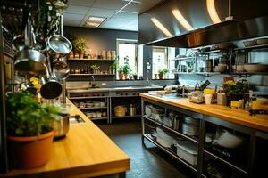 dentro pulito cucina di un' moderno ristorante o mini bar con cucinando utensili e piccolo bar contatore concetto di ai generato foto