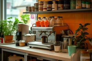 dentro pulito cucina di un' moderno ristorante o mini bar con cucinando utensili e piccolo bar contatore concetto di ai generato foto