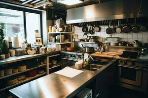 dentro pulito cucina di un' moderno ristorante o mini bar con cucinando utensili e piccolo bar contatore concetto di ai generato foto