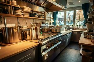 dentro pulito cucina di un' moderno ristorante o mini bar con cucinando utensili e piccolo bar contatore concetto di ai generato foto