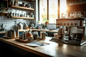 dentro pulito cucina di un' moderno ristorante o mini bar con cucinando utensili e piccolo bar contatore concetto di ai generato foto