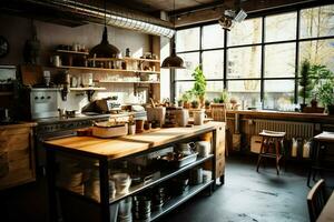 dentro pulito cucina di un' moderno ristorante o mini bar con cucinando utensili e piccolo bar contatore concetto di ai generato foto