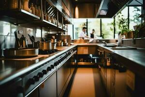 dentro pulito cucina di un' moderno ristorante o mini bar con cucinando utensili e piccolo bar contatore concetto di ai generato foto