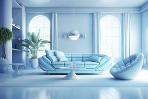 un' professionale e occhio attraente leggero blu con bianca vivente camera nel il metaverso. ai generativo foto