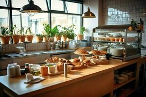 dentro pulito cucina di un' moderno ristorante o mini bar con cucinando utensili e piccolo bar contatore concetto di ai generato foto