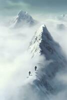 uomo su superiore di montagna, a piedi attraverso nuvole, ai generativo foto