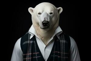 polare orso nel un' attività commerciale completo da uomo e cravatta su un' buio sfondo.ai generativo foto