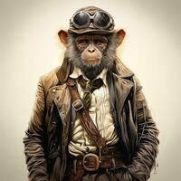 ritratto di un' scimmia nel un' pelle giacca e aviatore cappello. ai generativo foto