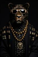 ritratto di un' leopardo nel un' giacca su un' buio sfondo. antropomorfo leopardo. ai generativo foto