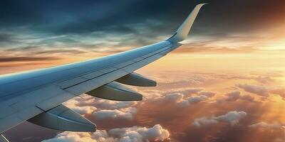 aereo aereo ala a tramonto tempo attraverso nuvole, ai generativo foto
