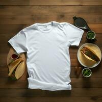 ai generato vuoto bianca t - camicia dire bugie nel un' addormentato posizione su un' tavolo, su Visualizza con parecchi tacos cibo foto