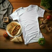 ai generato vuoto bianca t - camicia dire bugie nel un' addormentato posizione su un' tavolo, su Visualizza con parecchi tacos cibo foto