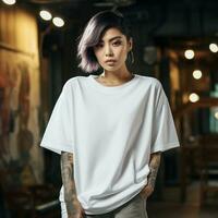 ai generato un asiatico ragazza con tatuaggi indossare un' bianca sovradimensionato maglietta foto