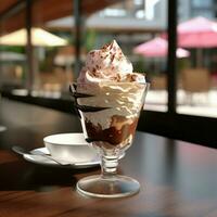 ai generato un' tazza di gelato su il bicchiere. su il bar tavolo foto