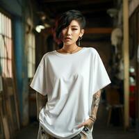 ai generato un asiatico ragazza con tatuaggi indossare un' bianca sovradimensionato maglietta foto