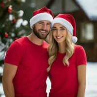 ai generato un' bellissimo coppia, tutti e due siamo indossare rosso magliette e Santa Natale cappelli foto