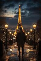 un' uomo guardare a eiffel Torre a notte generativo ai foto