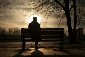 un' uomo si siede su un' panchina nel un' nebbioso parco generativo ai. foto