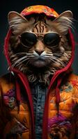ritratto di un' Bengala gatto indossare occhiali da sole e un' giacca. ai generativo foto