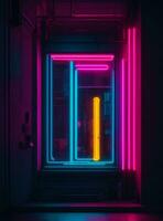 raggiante neon porta nel un' buio finestra. 3d interpretazione foto
