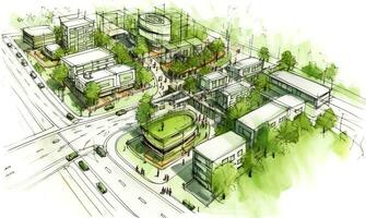 urbano pianificazione schizzo evidenziazione sostenibile elementi piace verde spazi, pubblico trasporto, e pedone zone, ai generativo foto