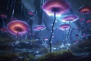 un' bioluminescente alieno cristallo foresta con fiori, bioluminescente carnivoro impianti, ai generativo foto