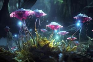 un' bioluminescente alieno cristallo foresta con fiori, bioluminescente carnivoro impianti, ai generativo foto