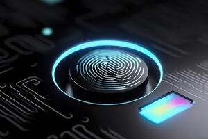 impronta digitale autenticazione pulsante. biometrico sicurezza. identificazione e informatica sicurezza concetto. raggiante neon impronta digitale su buio sfondo. ai generativo foto