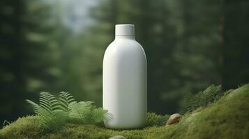 naturale cosmetico Prodotto presentazione dietro le quinte. all'aperto foresta posizionamento. bianca vuoto vaso shampoo bottiglia. 3d. ai generativo foto