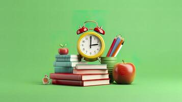 pop arte illustrazione di scuola Accessori con mele, libri, e un allarme orologio su il scuola sfondo. indietro per scuola concetto. 3d rendering, ai generativo foto