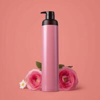 amazon Prodotto immagine corpo lavare, cilindro bottiglia solido colore rosa sfondo, con Rose, ai generativo foto