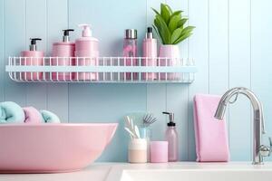 un' pastello bagno mensola con rosa cura della pelle prodotti, copia spazio, striscione, rosa e pastello blu luminosa tavolozza, barbiecore. ai generativo foto