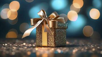 festivo regalo scatola contro bokeh sfondo. vacanza saluto carta. tipicamente Usato per compleanno, anniversario regali, regalo carte, inviare carte. ai generativo foto