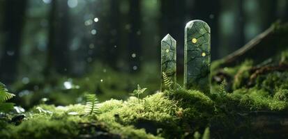 cristalli con Luna fasi Immagine di muschio nel un' misterioso foresta, naturale sfondo. generativo ai foto