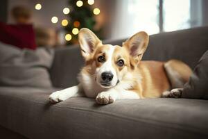 Bellissima, inteligente, calma di razza corgi cane dire bugie su su divano nel vivente camera. generativo ai foto