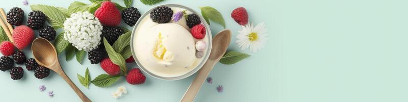 scoop di vaniglia, menta le foglie nel un' bicchiere ciotola, spruzzatori, frutti di bosco, e fiori. generativo ai foto