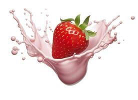 latte o Yogurt spruzzo con fragole isolato su bianca sfondo, 3d resa. ai generato foto