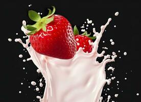 latte o Yogurt spruzzo con fragole isolato su bianca sfondo, 3d resa. ai generato foto
