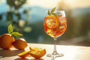 aperol spritz estate bevanda nel bicchiere con ombre, tropicale sfondo. generativo ai foto